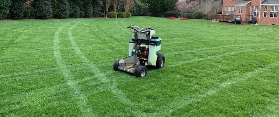 Granular fertilizer spreader on a large lawn in Charlotte, NC.