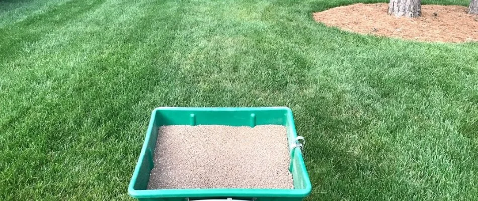 Fertilizer spreader on a lawn in Cabarrus County, NC.