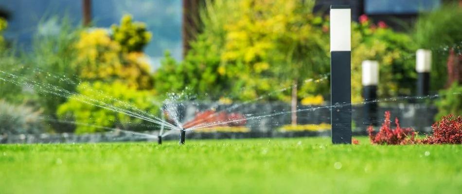 Irrigation sprinkler heads watering grass in Lake Norman of Iredell, NC.