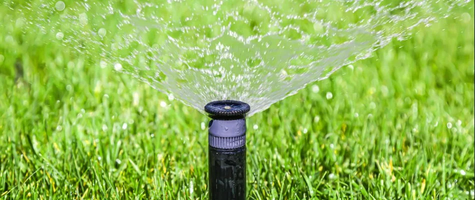 Irrigation sprinkler head spraying water on a healthy lawn in Marvin, NC.